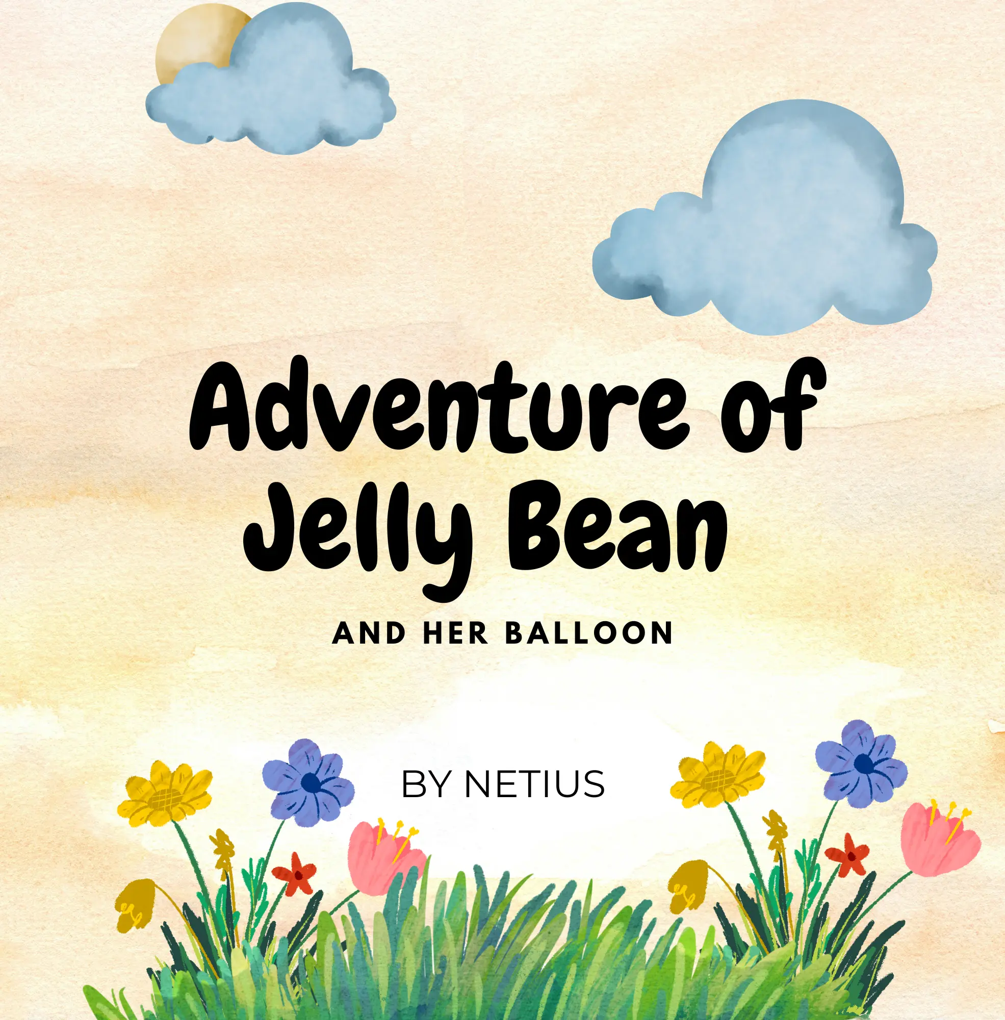Adventure of Jelly Bean and Her Balloon book cover featuring a cartoon sheep in a field of flowers with blue clouds and the title text